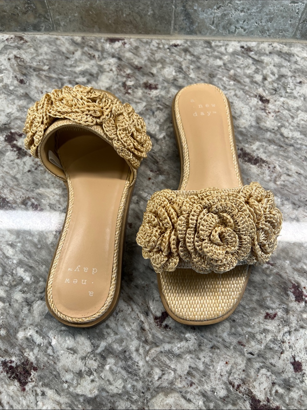 a new day Tan Crochet Floral Slide Sandals